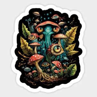 Psychedelic Mushrooms, Flying Fishes Surreal Trippy Nature Sticker